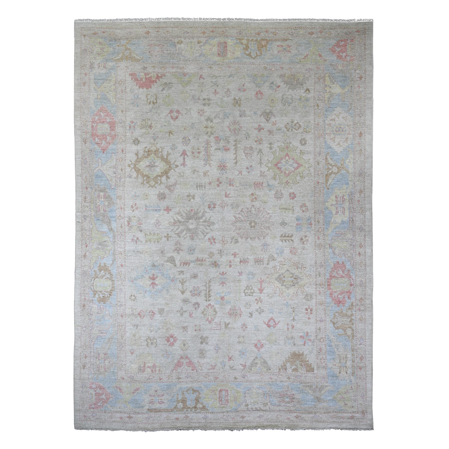 Linen White, Afghan Angora Oushak with All Over Design, Hand Knotted, 100% Wool, Vegetable Dyes, Oriental Rug